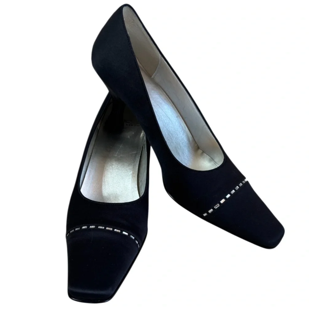 Elegant Pumps Vintage 90s Y2K Rhinestone Pointed Square Heel Black Silver Size 8
